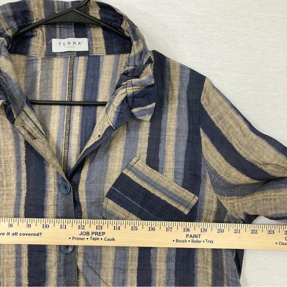 Terra Blue Tan Striped Lagenlook Artsy Button Down Size Medium - Picture 6 of 10